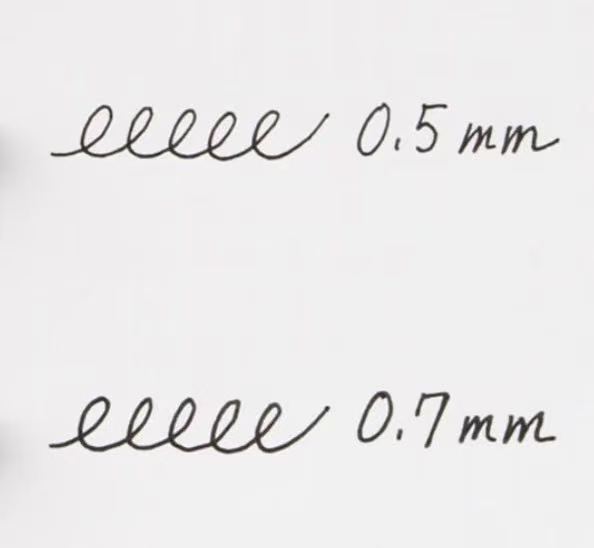 Handwritten loops labelled 0.5 mm above and 0.7 mm below; pen models are unverified